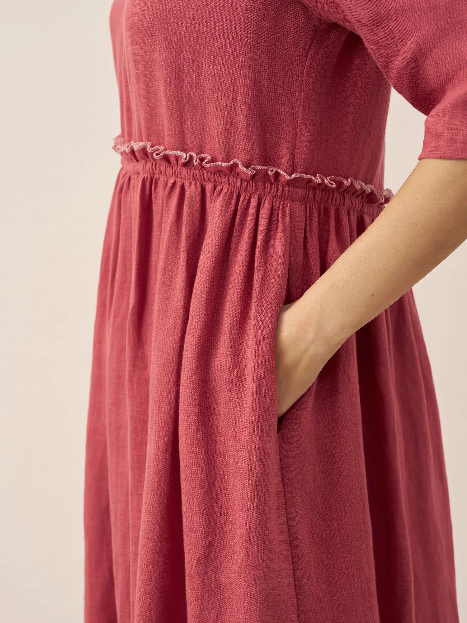 100% Linen Petal-Waist Drawstring Midi Dress JASMINE by LINTICO