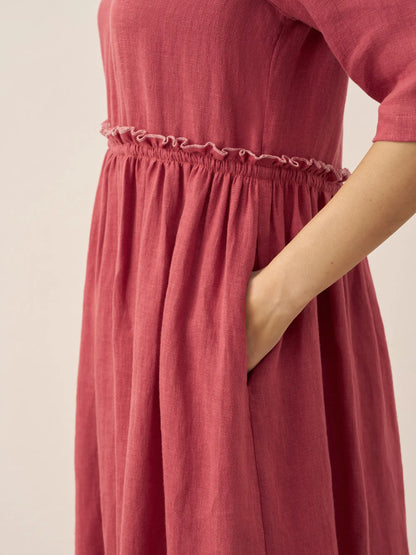 100% Linen Petal-Waist Drawstring Midi Dress JASMINE by LINTICO