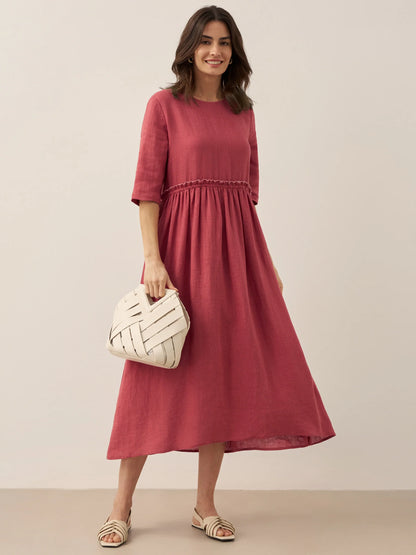 100% Linen Petal-Waist Drawstring Midi Dress JASMINE by LINTICO
