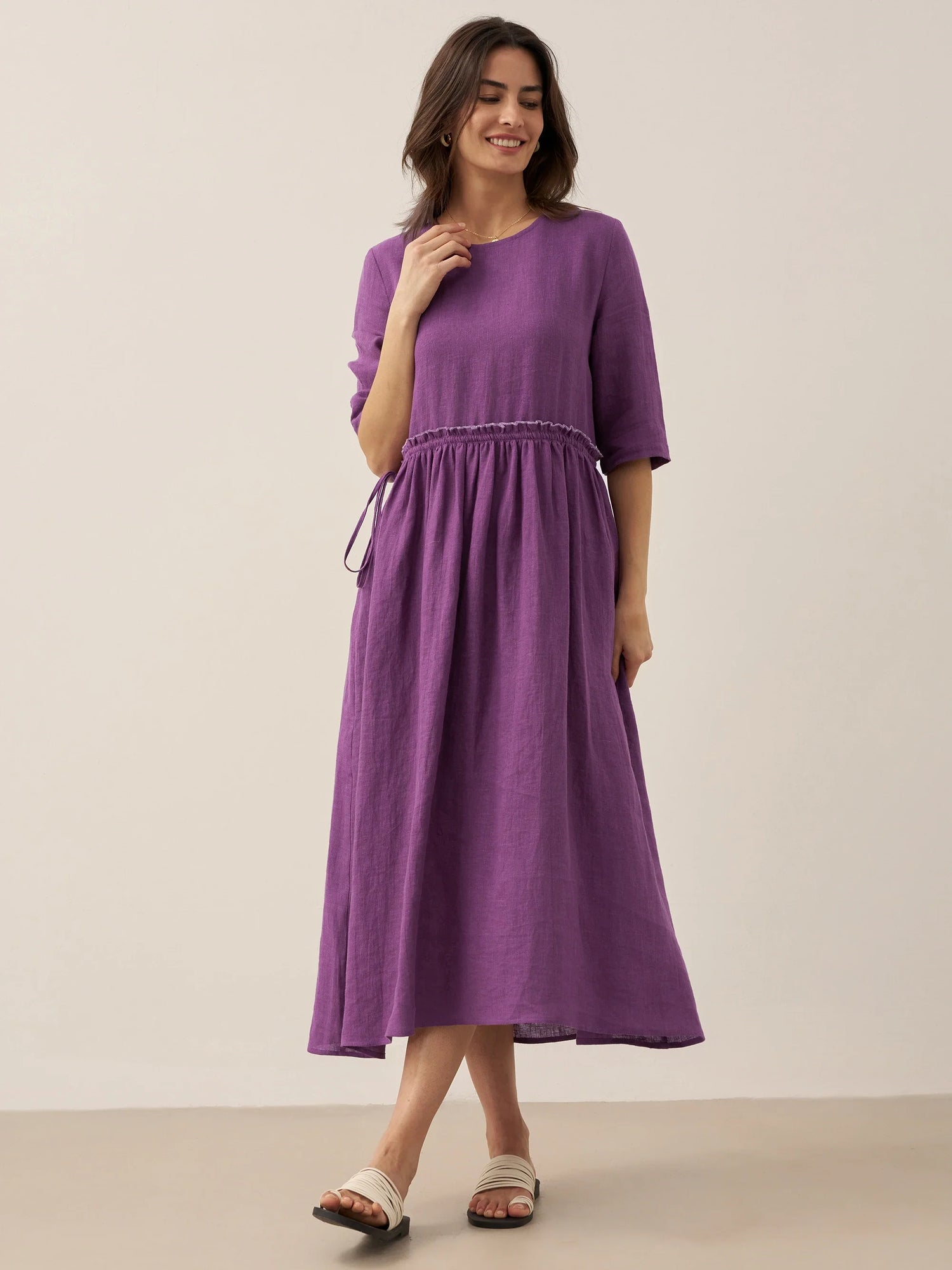 100% Linen Petal-Waist Drawstring Midi Dress JASMINE by LINTICO