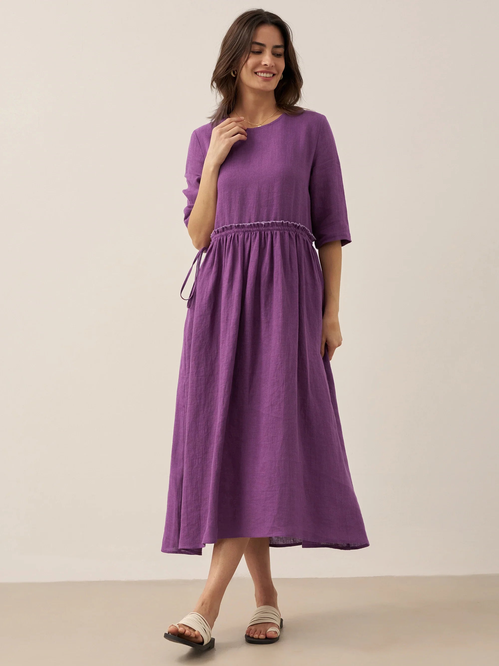 100% Linen Petal-Waist Drawstring Midi Dress JASMINE by LINTICO