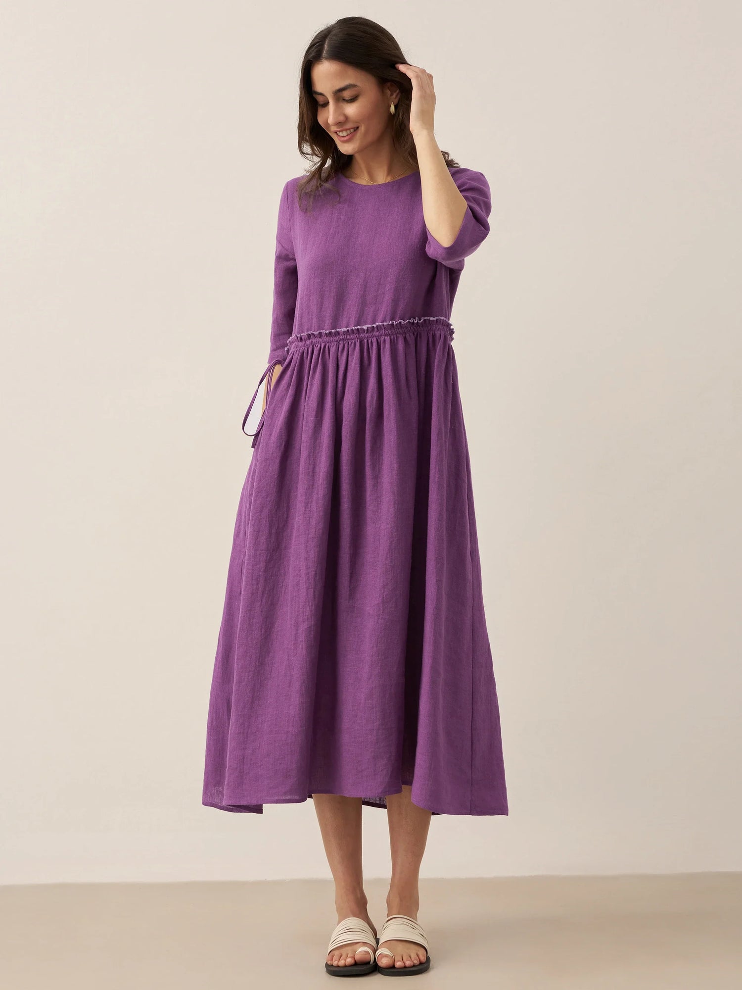 100% Linen Petal-Waist Drawstring Midi Dress JASMINE by LINTICO