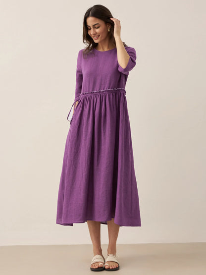 100% Linen Petal-Waist Drawstring Midi Dress JASMINE by LINTICO
