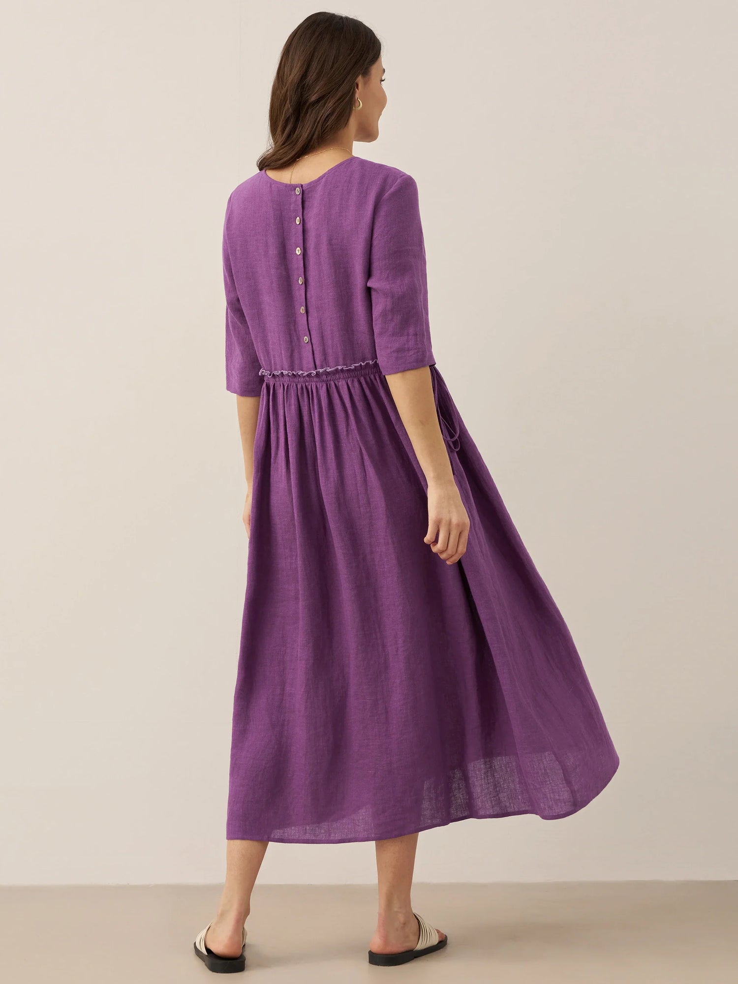 100% Linen Petal-Waist Drawstring Midi Dress JASMINE by LINTICO