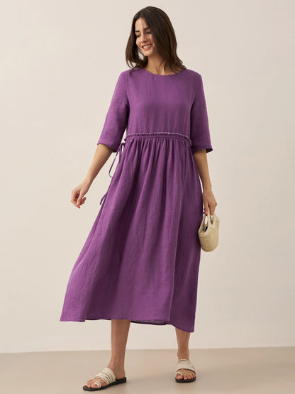 100% Linen Petal-Waist Drawstring Midi Dress JASMINE by LINTICO