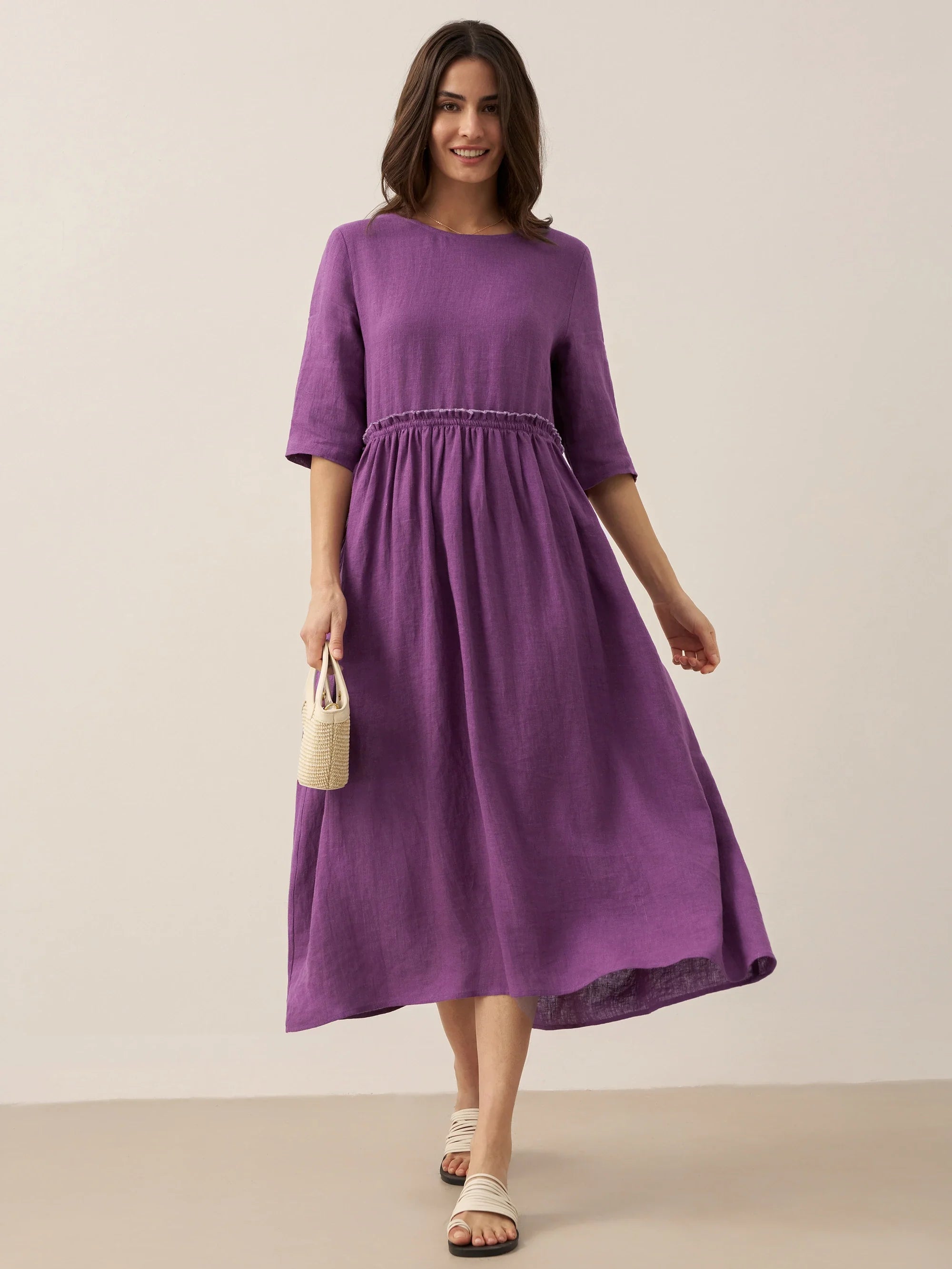 100% Linen Petal-Waist Drawstring Midi Dress JASMINE by LINTICO
