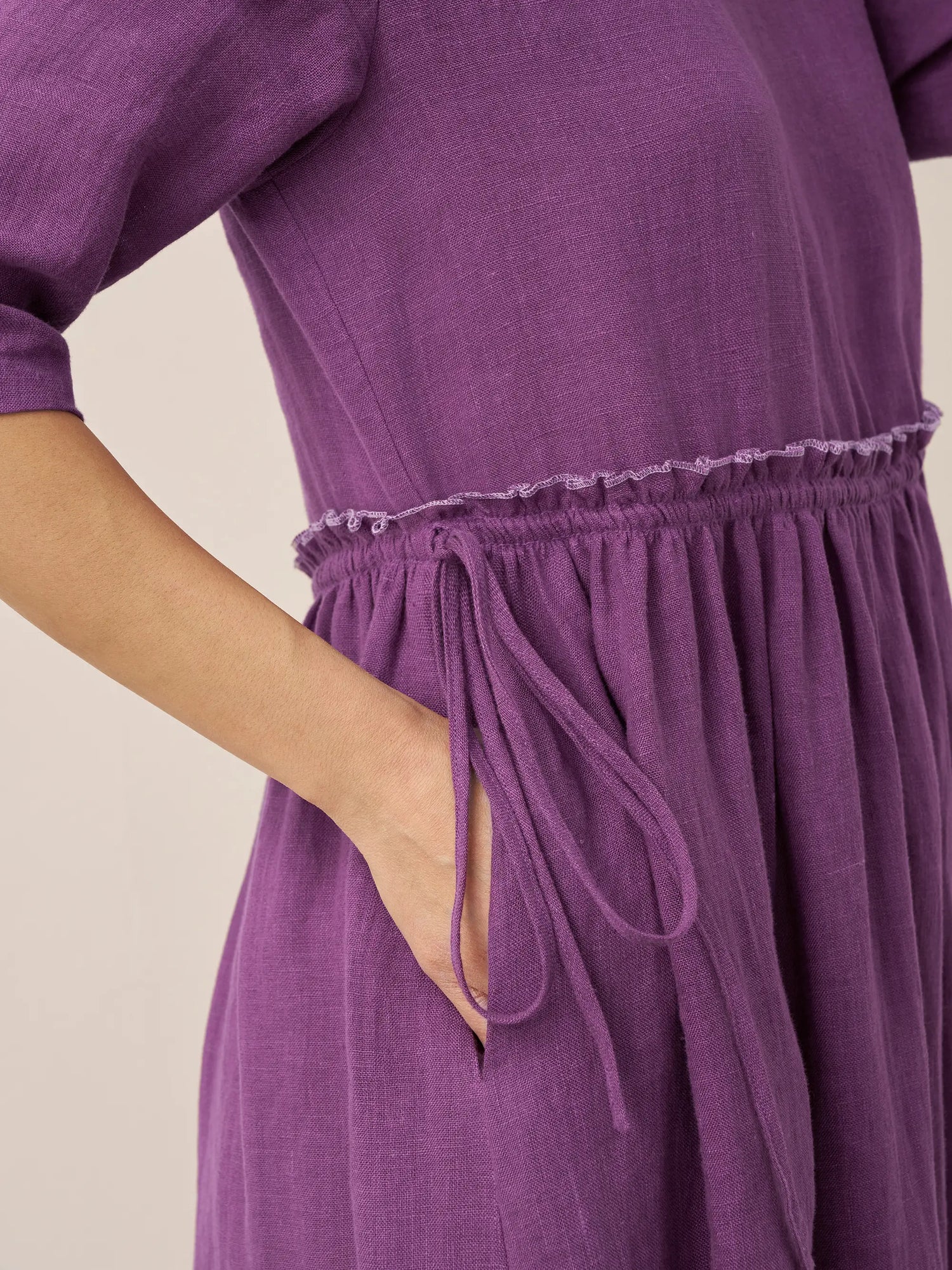 100% Linen Petal-Waist Drawstring Midi Dress JASMINE by LINTICO