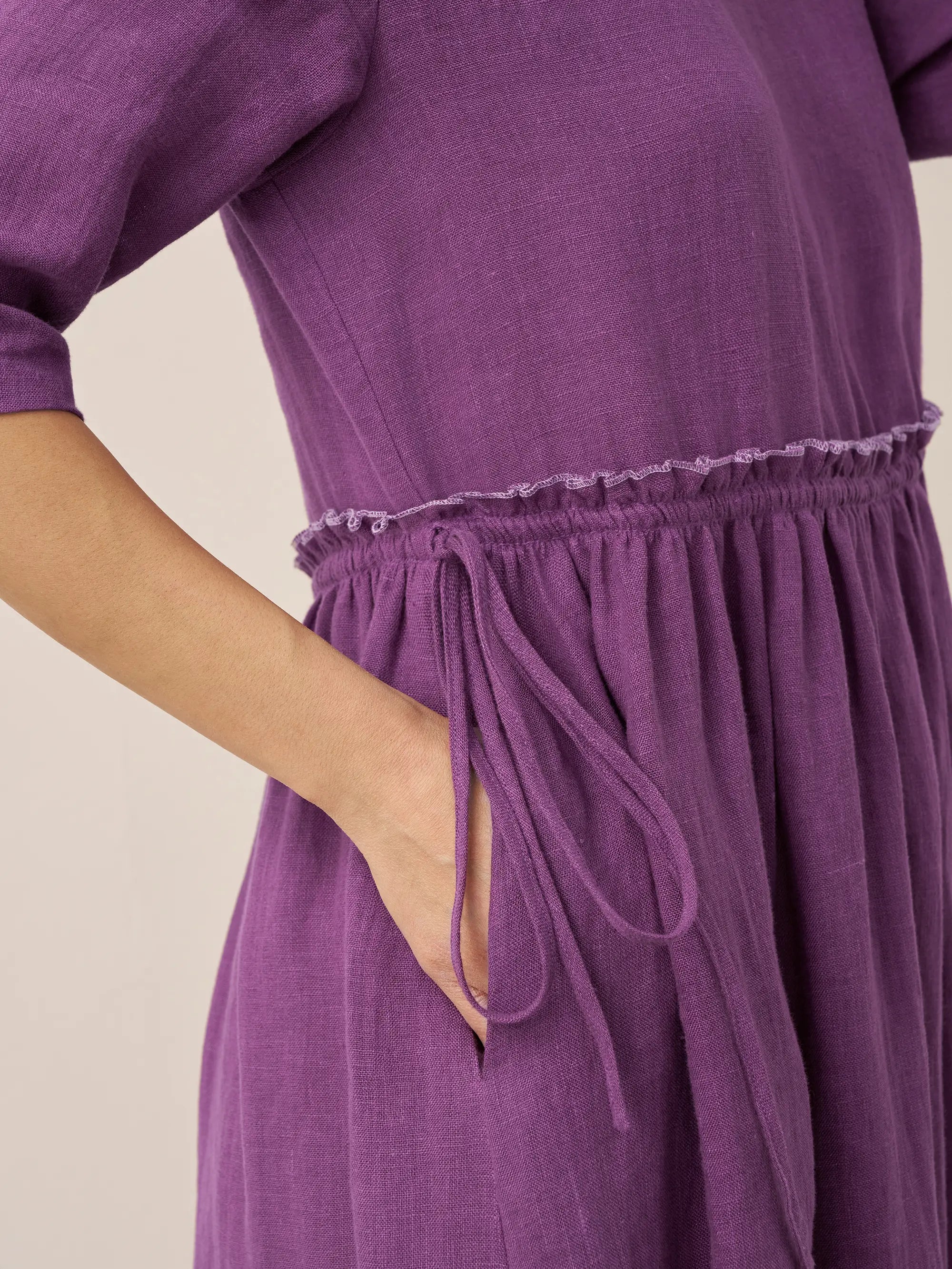 100% Linen Petal-Waist Drawstring Midi Dress JASMINE by LINTICO