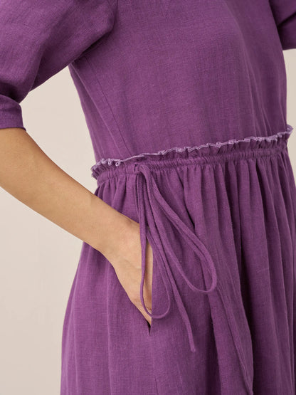 100% Linen Petal-Waist Drawstring Midi Dress JASMINE by LINTICO