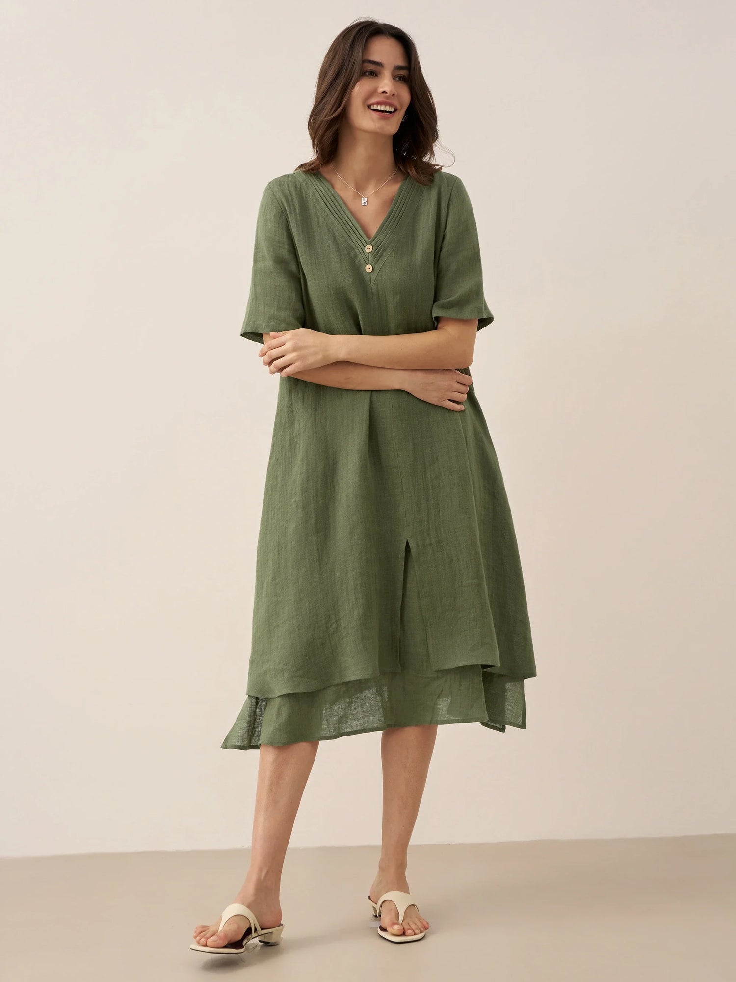 100% Linen V-Neck Double-Layer Midi Dress JAYDA by LINTICO