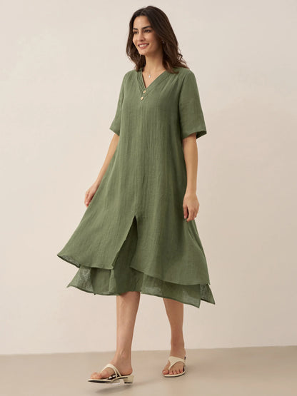 100% Linen V-Neck Double-Layer Midi Dress JAYDA by LINTICO