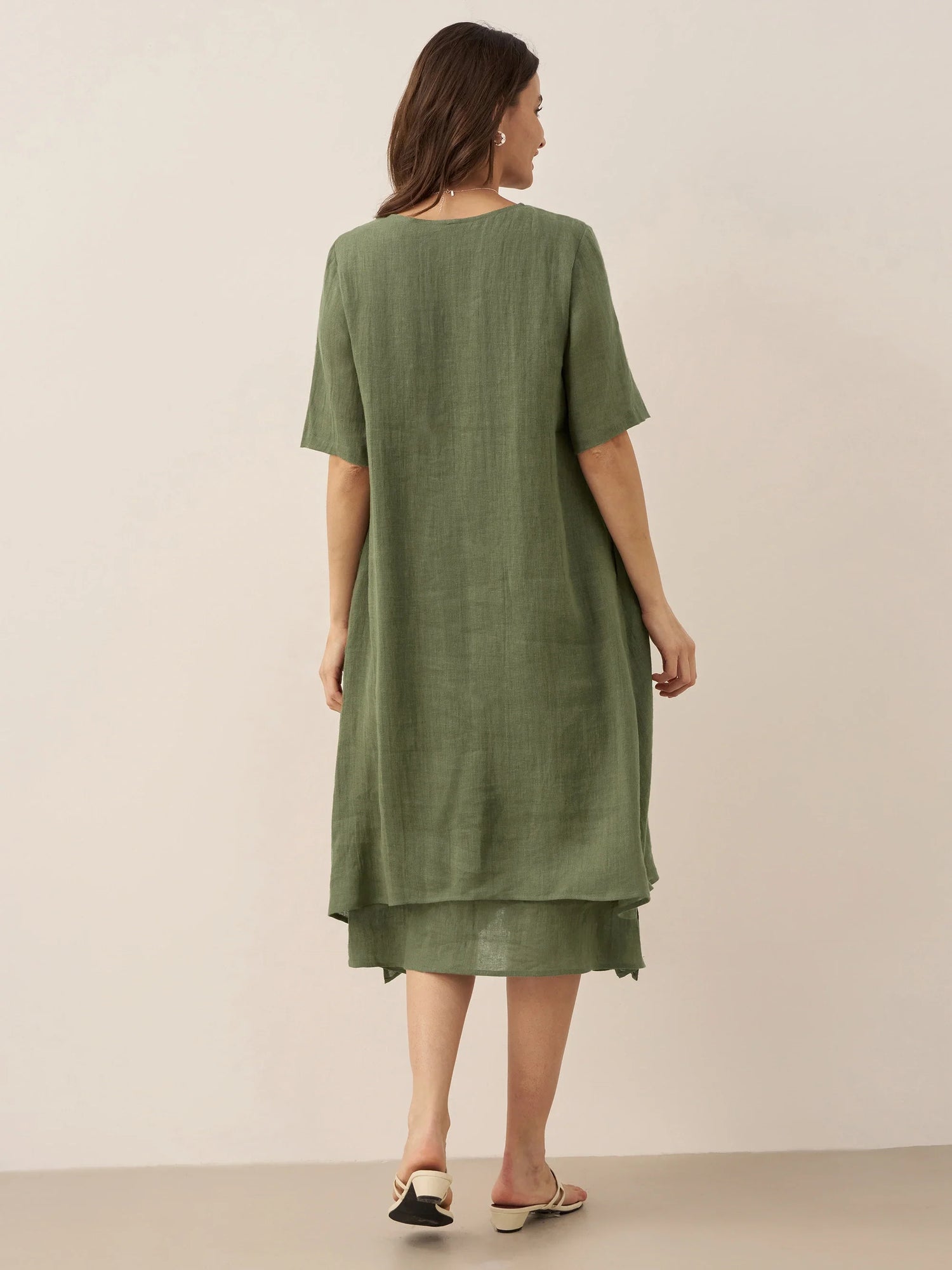 100% Linen V-Neck Double-Layer Midi Dress JAYDA by LINTICO