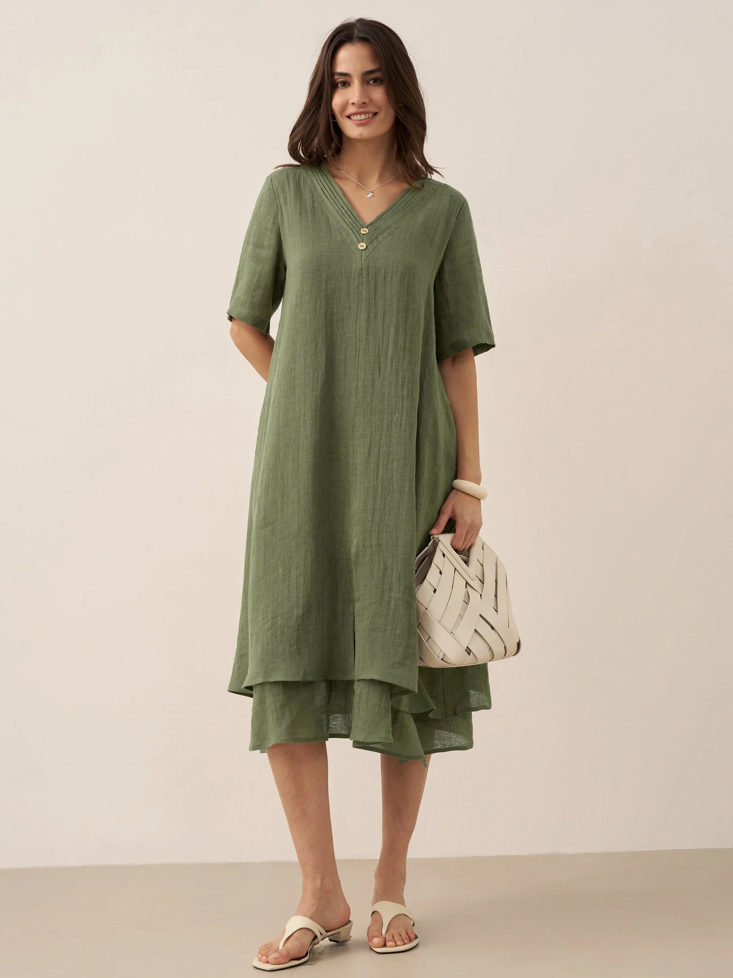 100% Linen V-Neck Double-Layer Midi Dress JAYDA by LINTICO