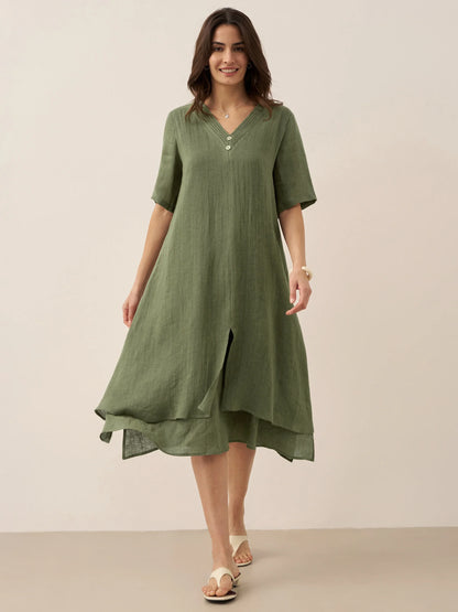 100% Linen V-Neck Double-Layer Midi Dress JAYDA by LINTICO