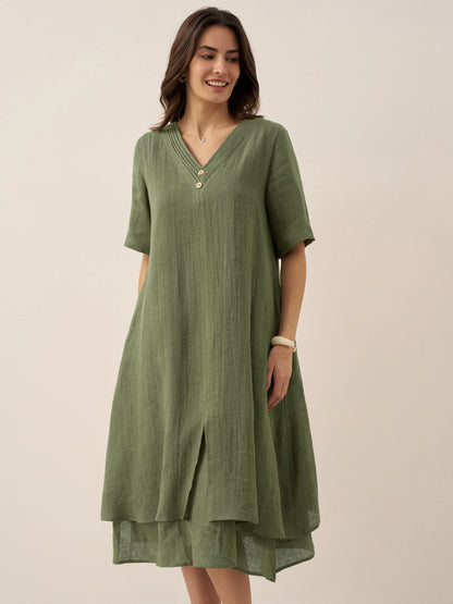 100% Linen V-Neck Double-Layer Midi Dress JAYDA by LINTICO