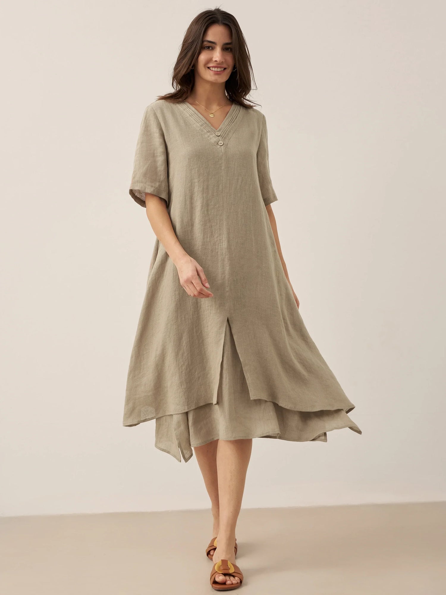100% Linen V-Neck Double-Layer Midi Dress JAYDA by LINTICO