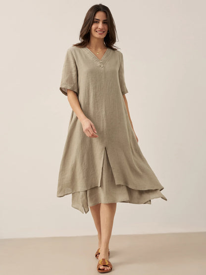 100% Linen V-Neck Double-Layer Midi Dress JAYDA by LINTICO