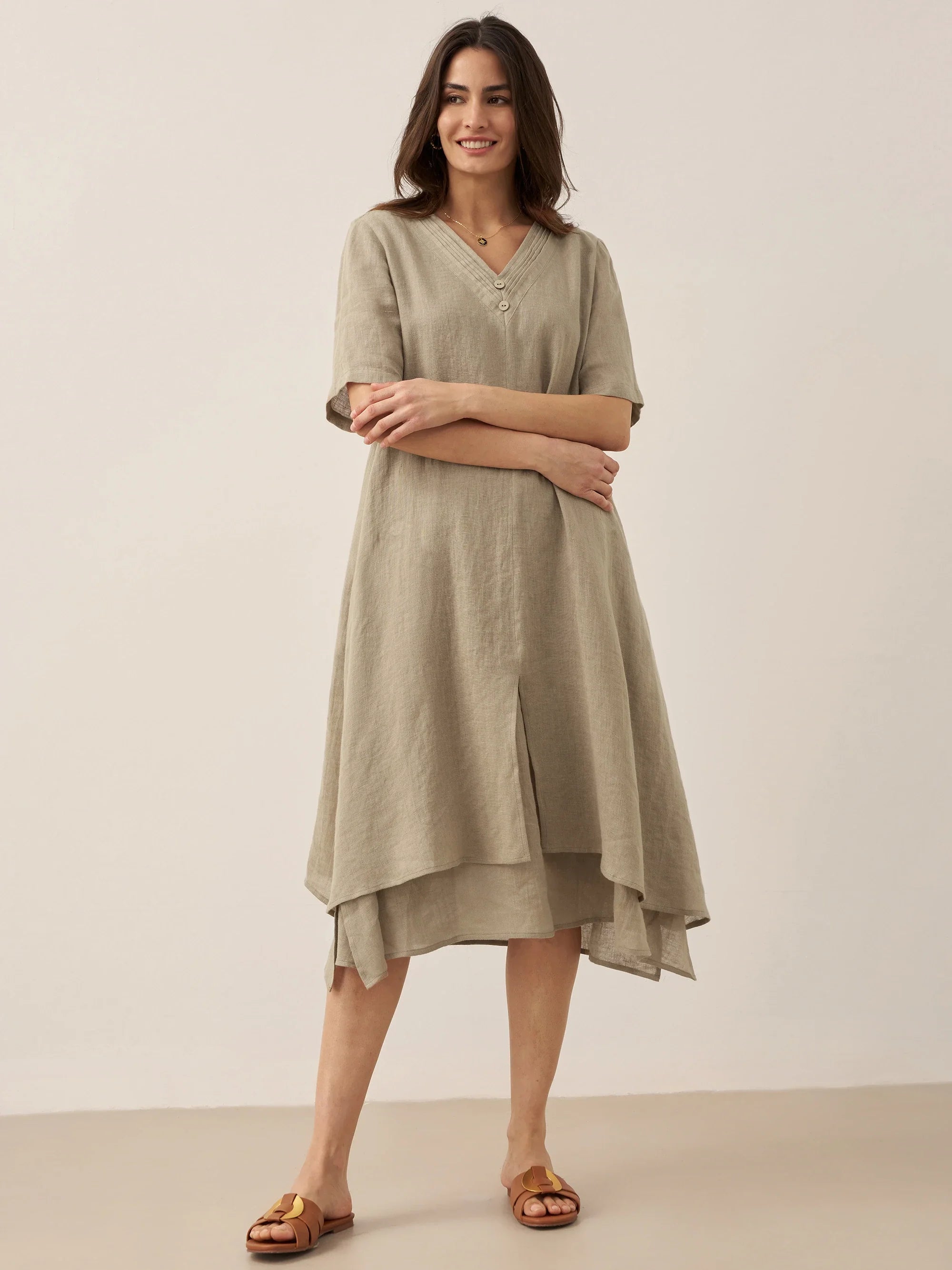 100% Linen V-Neck Double-Layer Midi Dress JAYDA by LINTICO
