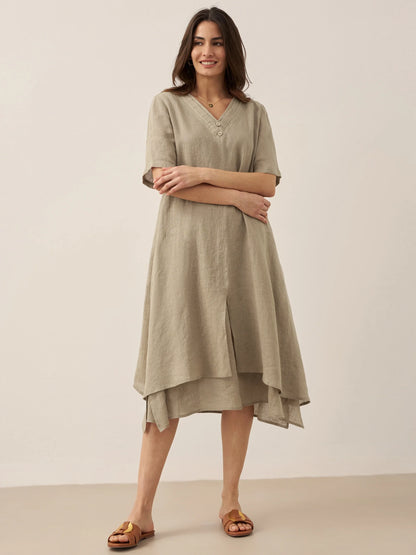 100% Linen V-Neck Double-Layer Midi Dress JAYDA by LINTICO