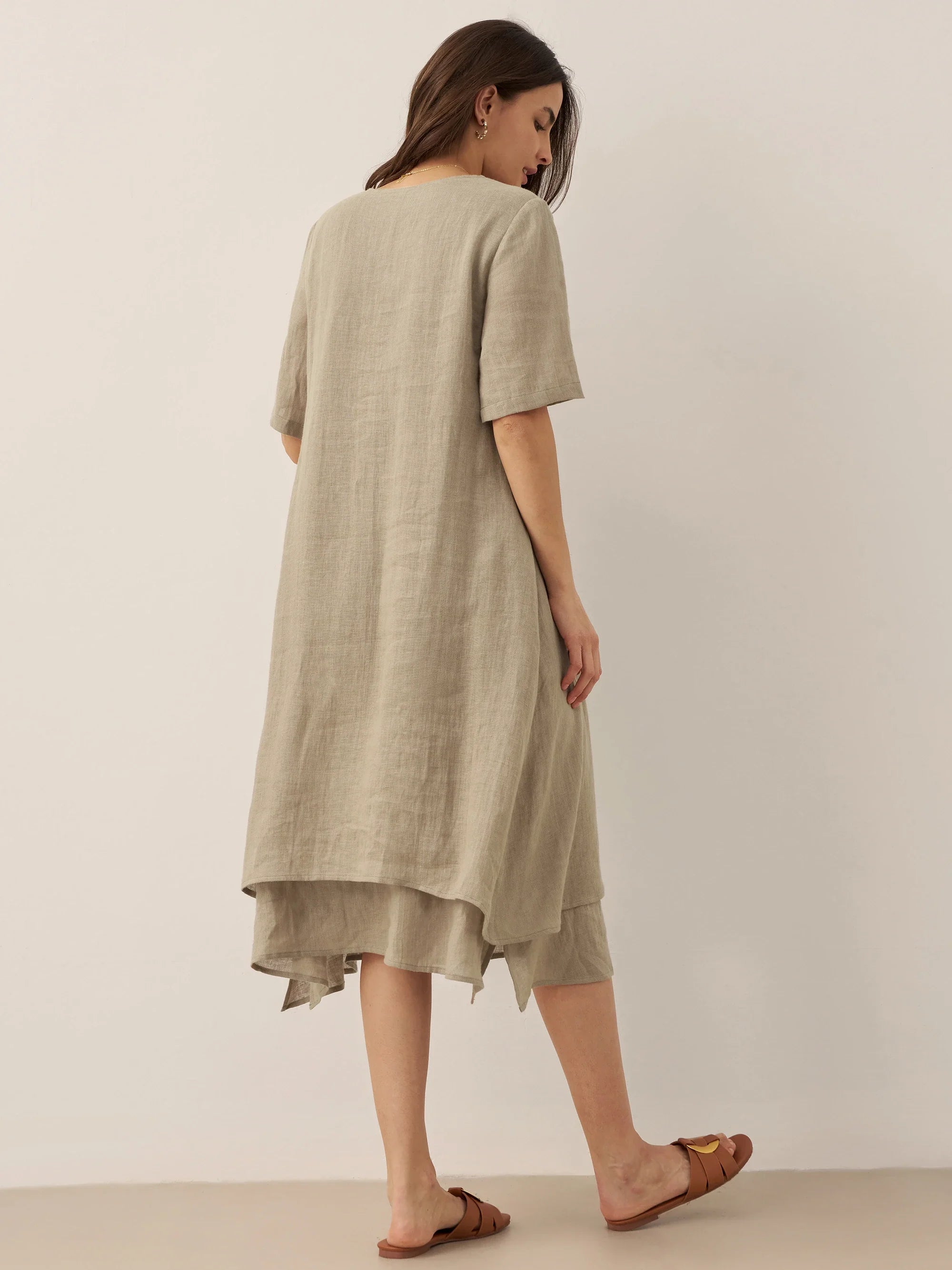 100% Linen V-Neck Double-Layer Midi Dress JAYDA by LINTICO