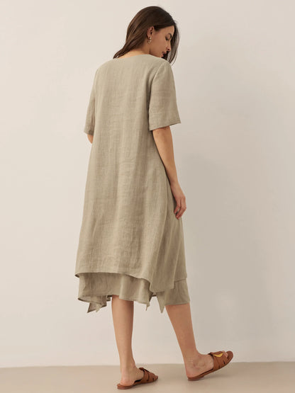 100% Linen V-Neck Double-Layer Midi Dress JAYDA by LINTICO