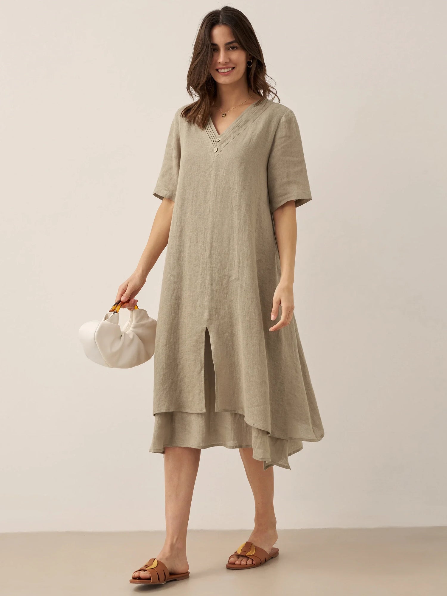 100% Linen V-Neck Double-Layer Midi Dress JAYDA by LINTICO