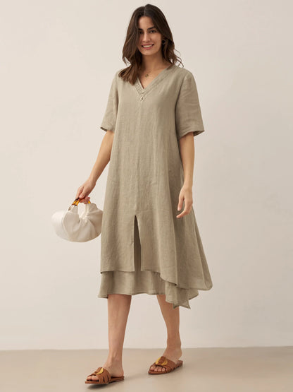 100% Linen V-Neck Double-Layer Midi Dress JAYDA by LINTICO