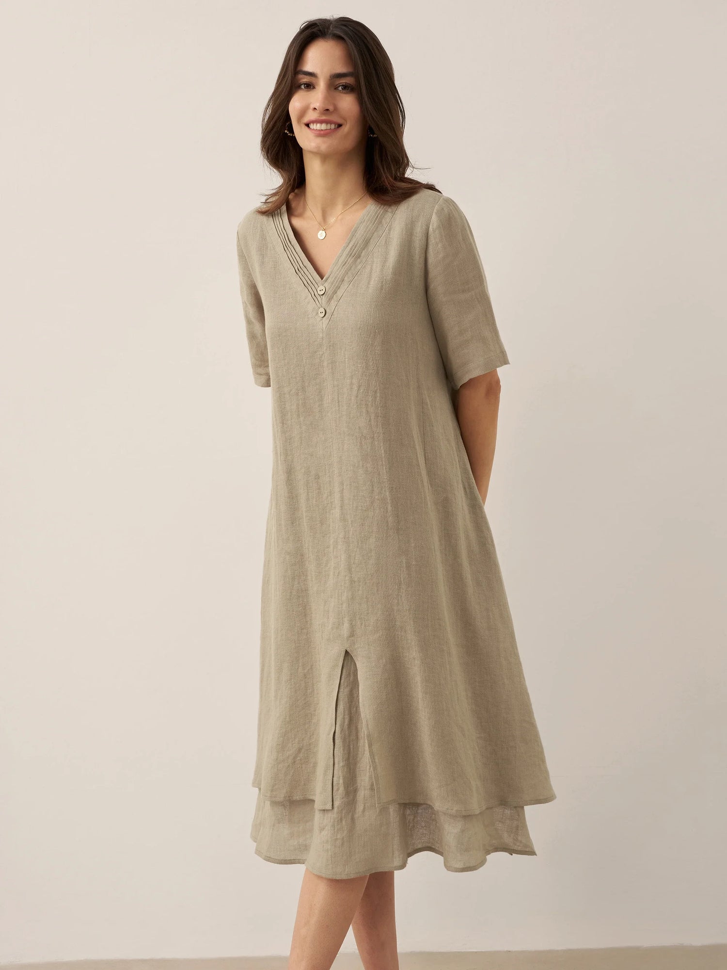 100% Linen V-Neck Double-Layer Midi Dress JAYDA by LINTICO