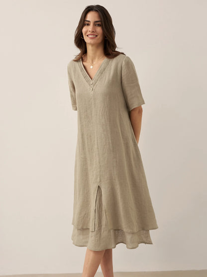 100% Linen V-Neck Double-Layer Midi Dress JAYDA by LINTICO