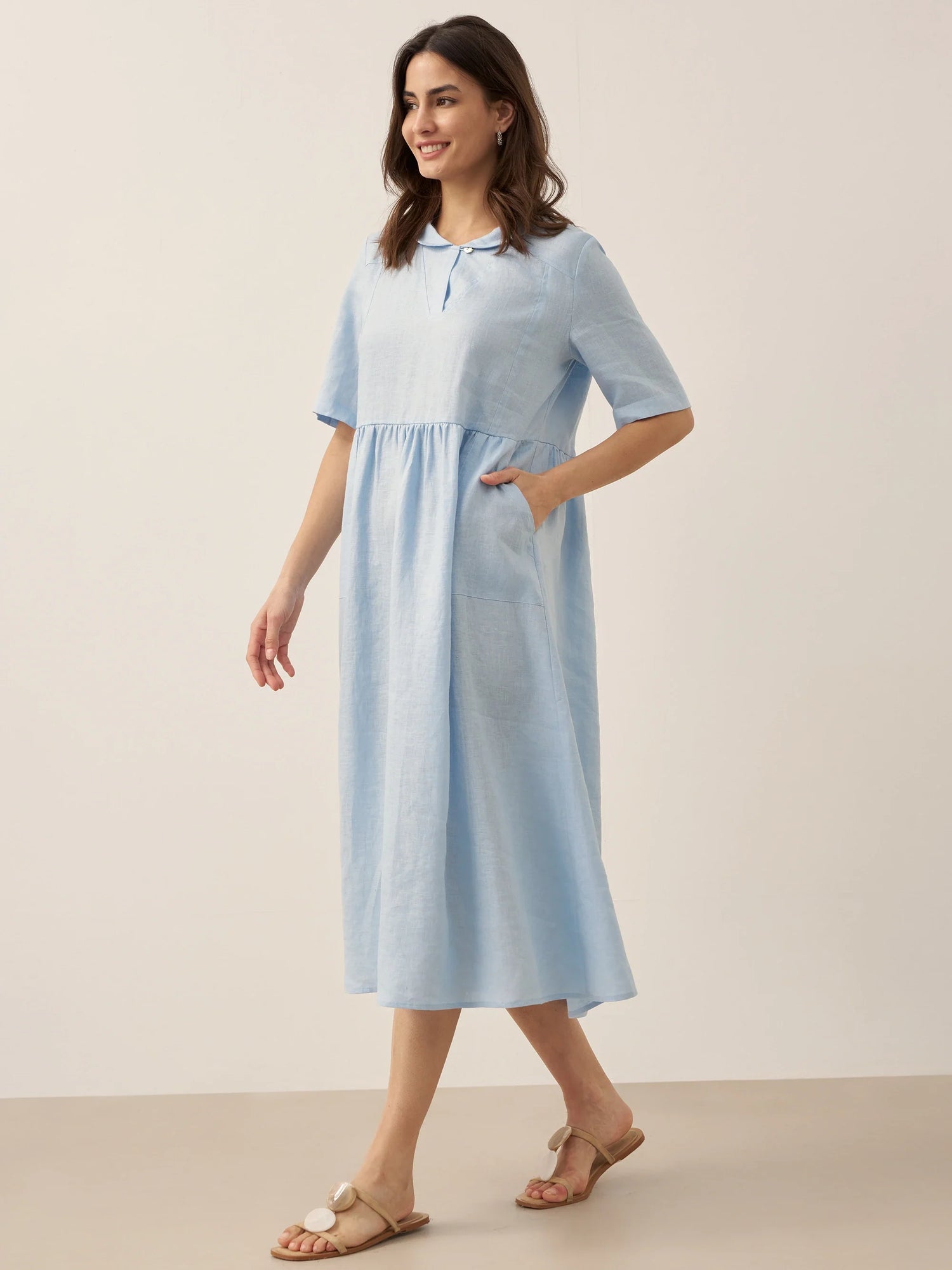 100% Linen Shawl V-Neck Pleated Maxi Dress SUSAN by LINTICO