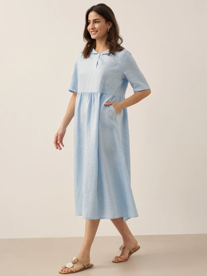 100% Linen Shawl V-Neck Pleated Maxi Dress SUSAN by LINTICO