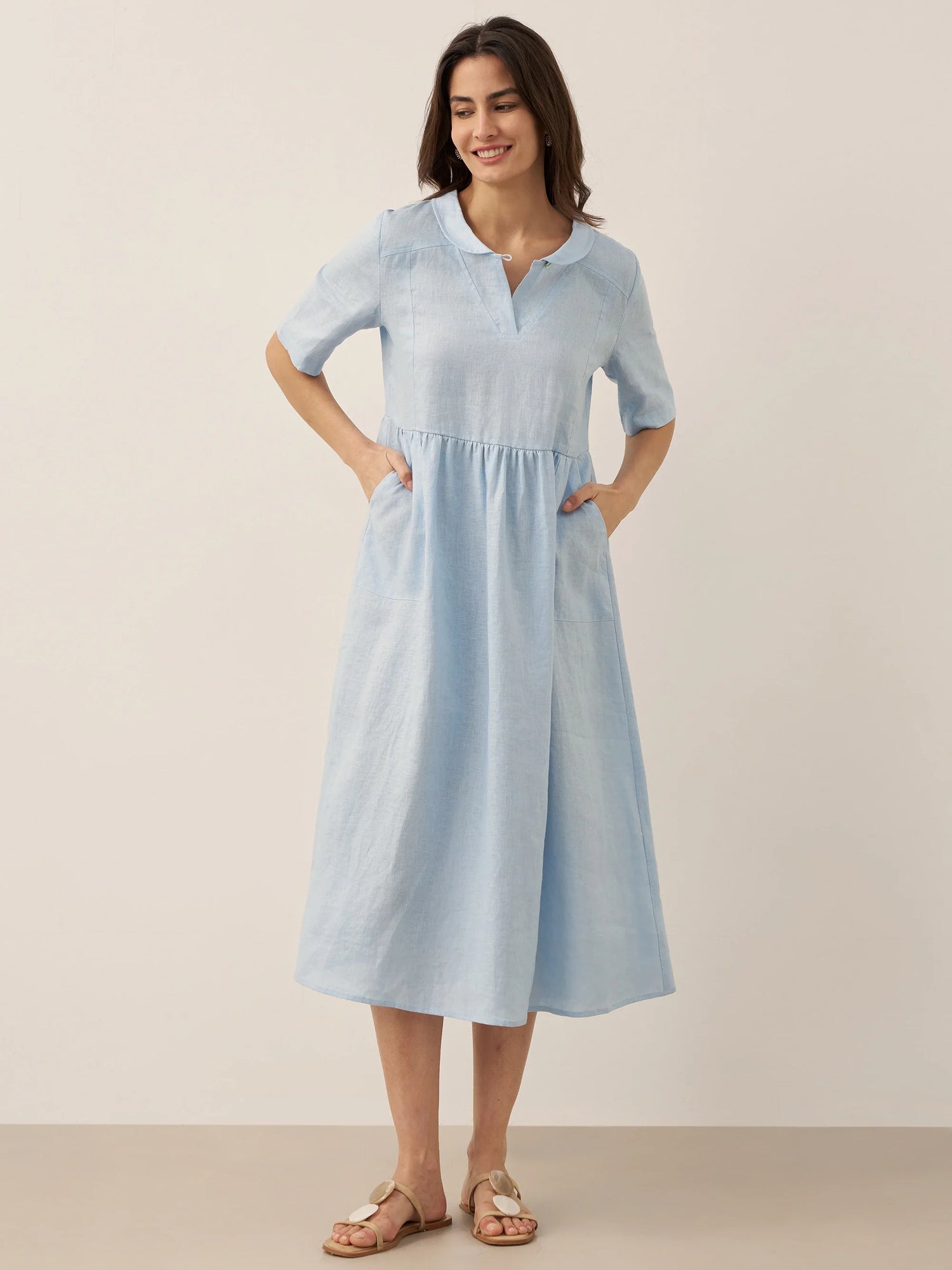 100% Linen Shawl V-Neck Pleated Maxi Dress SUSAN by LINTICO