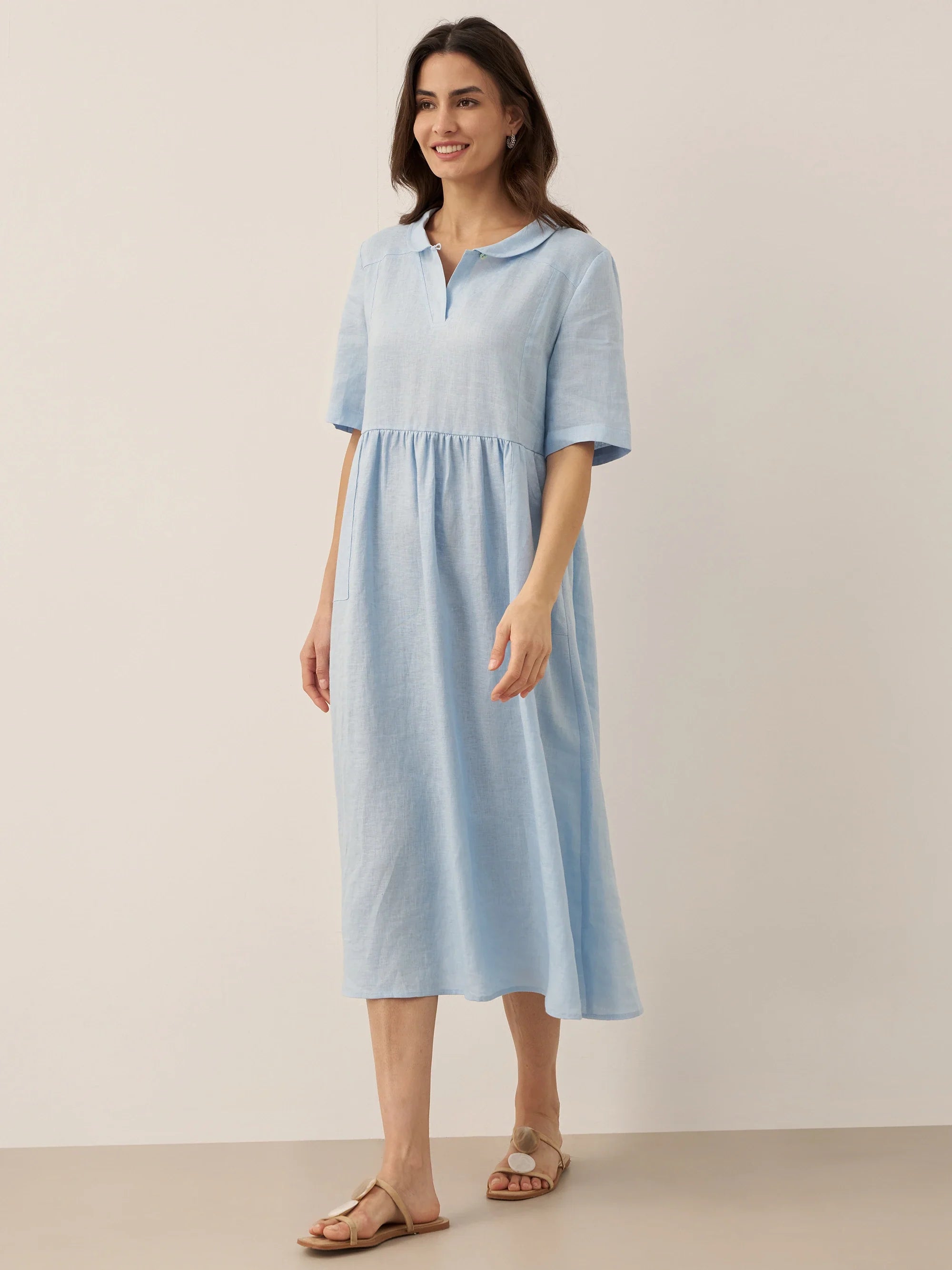 100% Linen Shawl V-Neck Pleated Maxi Dress SUSAN by LINTICO