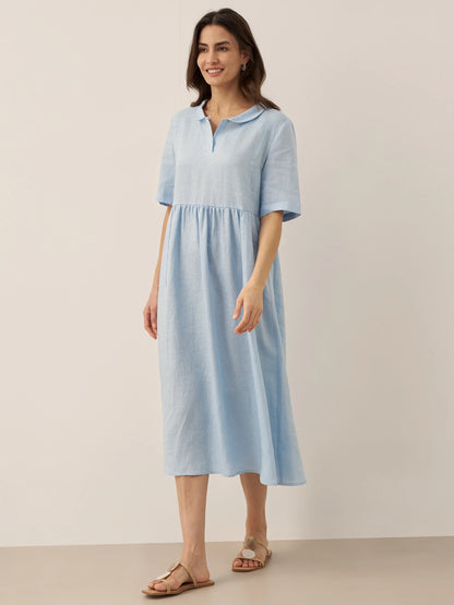 100% Linen Shawl V-Neck Pleated Maxi Dress SUSAN by LINTICO