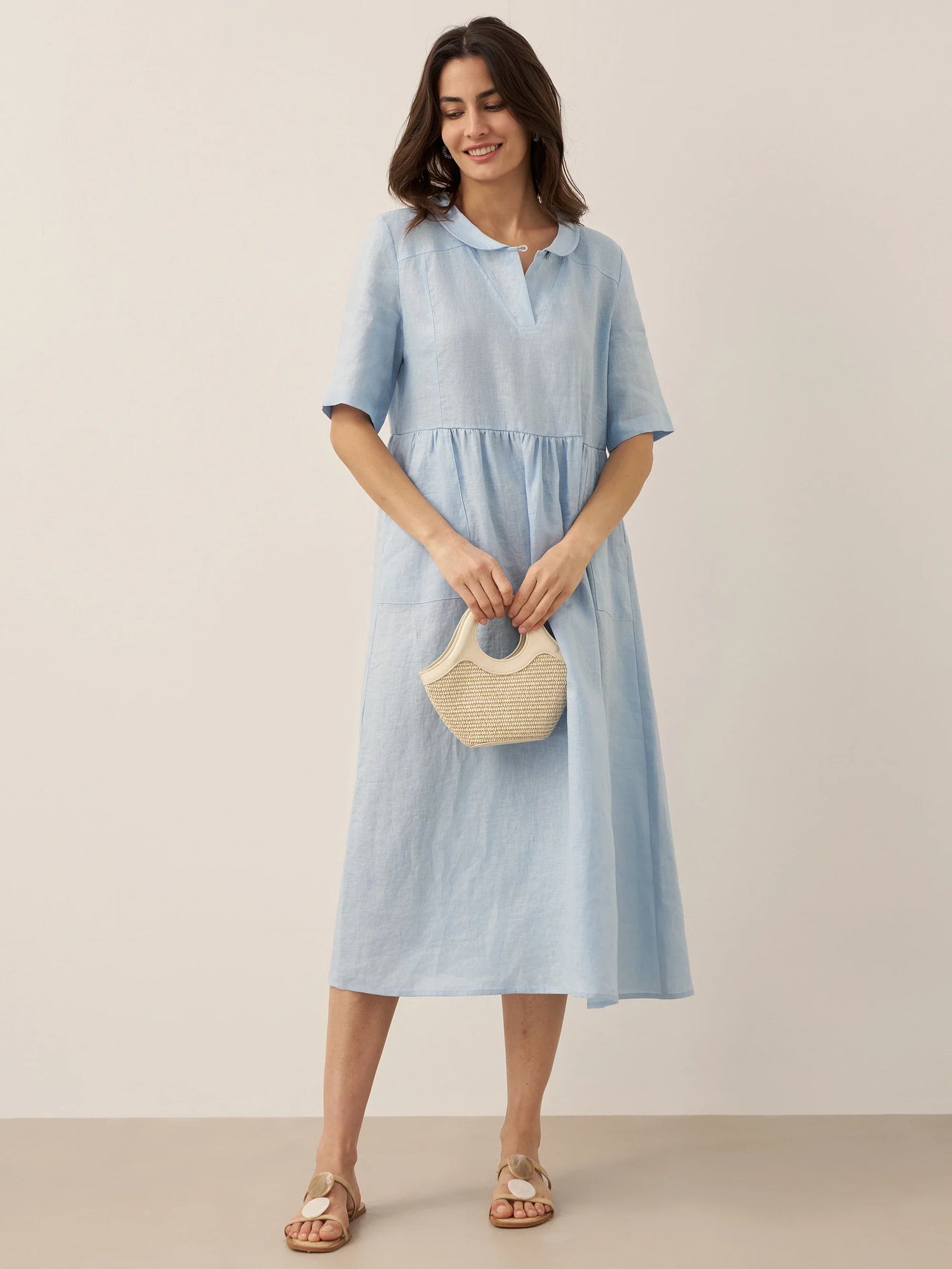 100% Linen Shawl V-Neck Pleated Maxi Dress SUSAN by LINTICO