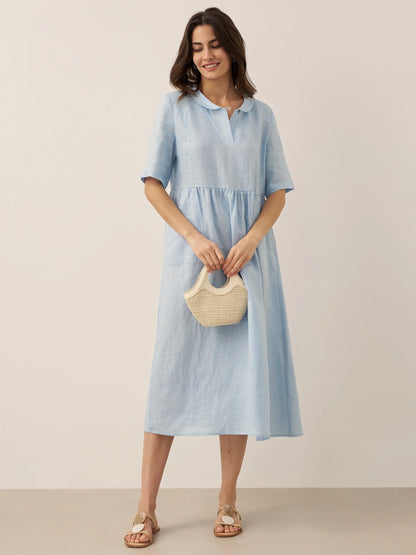 100% Linen Shawl V-Neck Pleated Maxi Dress SUSAN by LINTICO