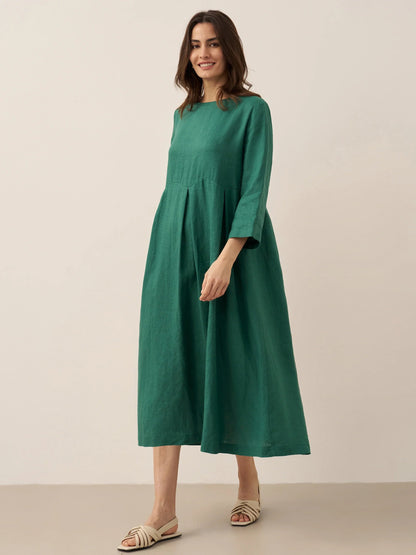 100% Linen Bateau Neck Pleated Midi Dress ABIGAIL  DestGlow