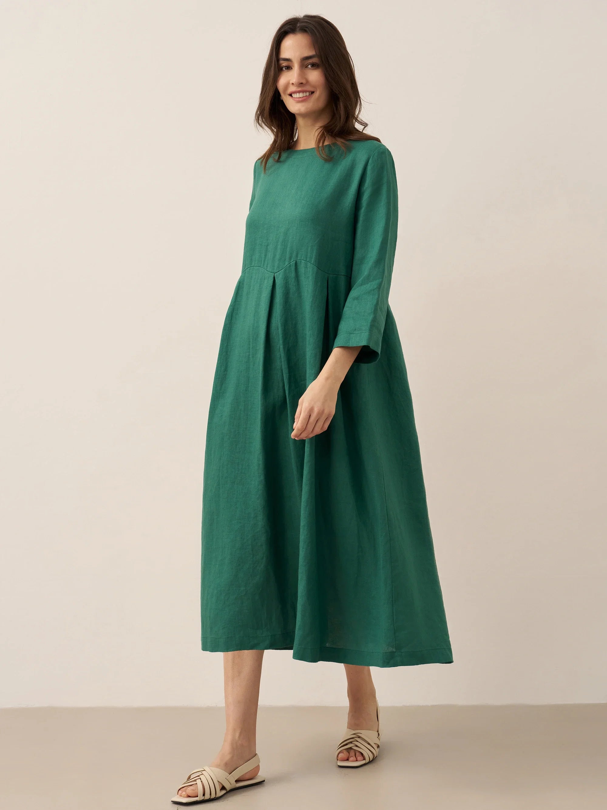 100% Linen Bateau Neck Pleated Midi Dress ABIGAIL  DestGlow