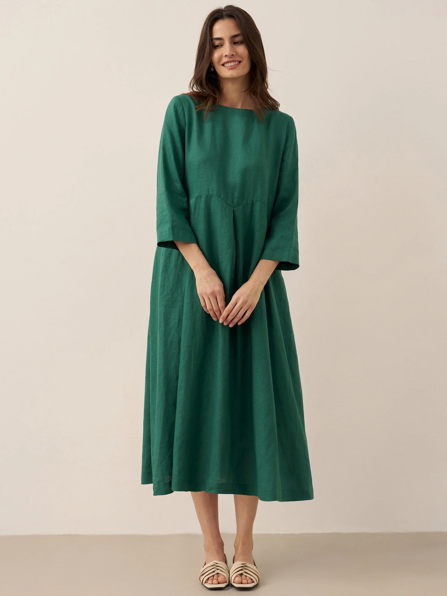 100% Linen Bateau Neck Pleated Midi Dress ABIGAIL  DestGlow