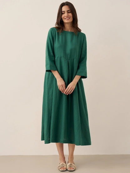 100% Linen Bateau Neck Pleated Midi Dress ABIGAIL  DestGlow