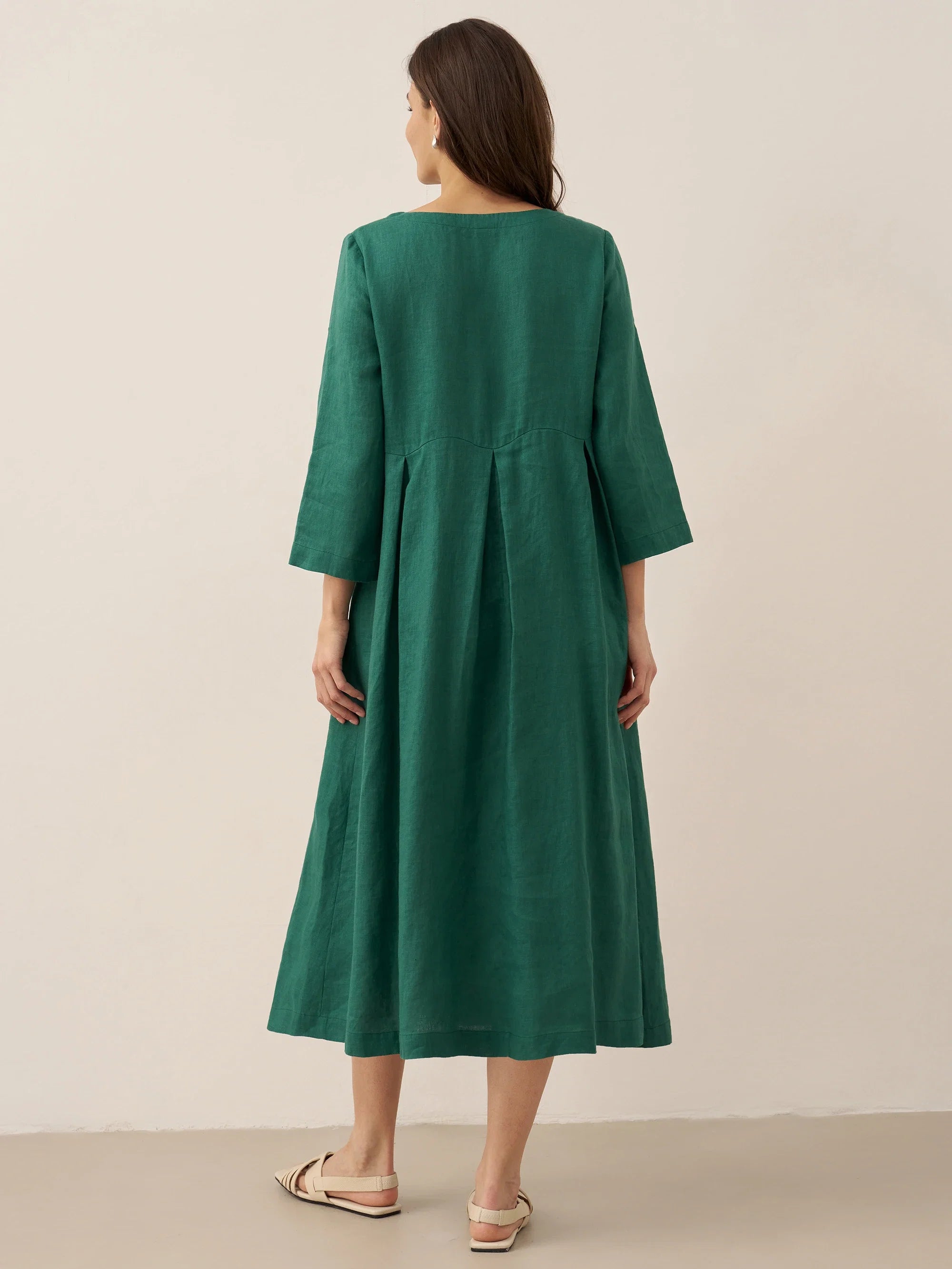 100% Linen Bateau Neck Pleated Midi Dress ABIGAIL  DestGlow