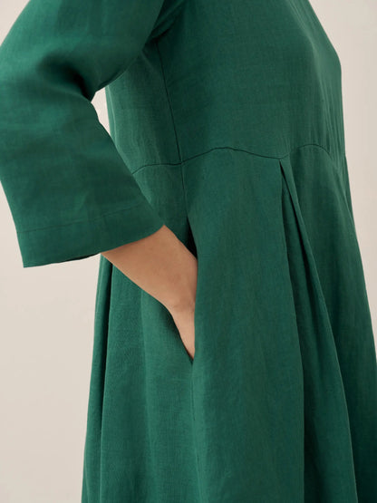 100% Linen Bateau Neck Pleated Midi Dress ABIGAIL  DestGlow