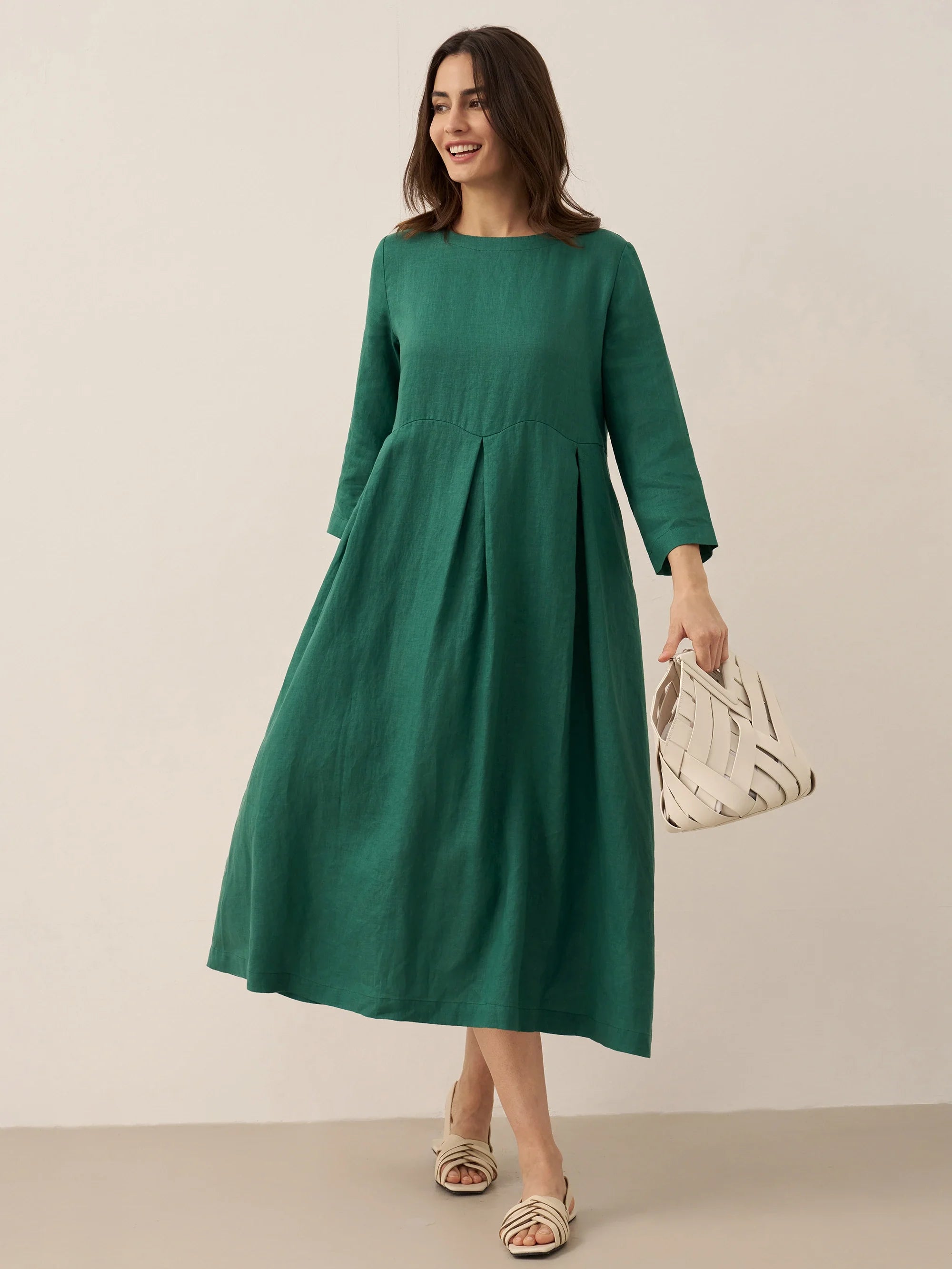 100% Linen Bateau Neck Pleated Midi Dress ABIGAIL  DestGlow