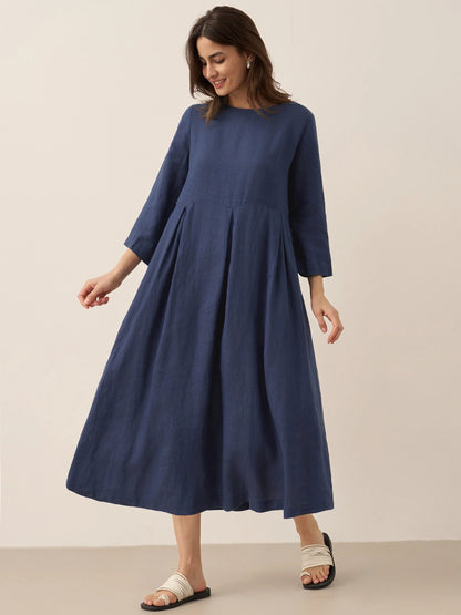 100% Linen Bateau Neck Pleated Midi Dress ABIGAIL  DestGlow