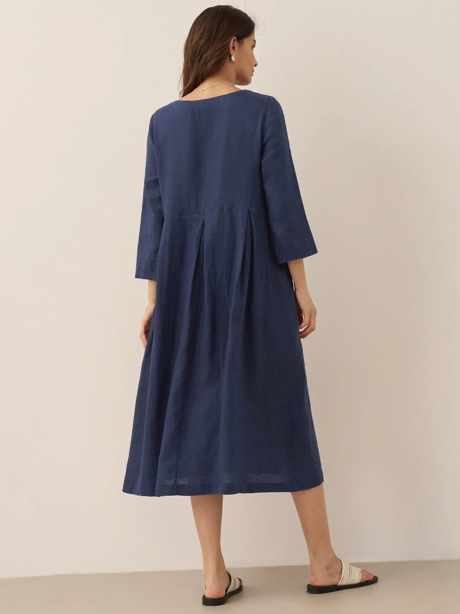 100% Linen Bateau Neck Pleated Midi Dress ABIGAIL  DestGlow