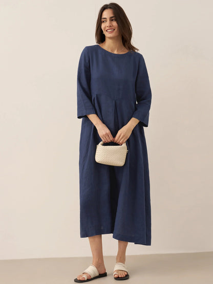 100% Linen Bateau Neck Pleated Midi Dress ABIGAIL  DestGlow