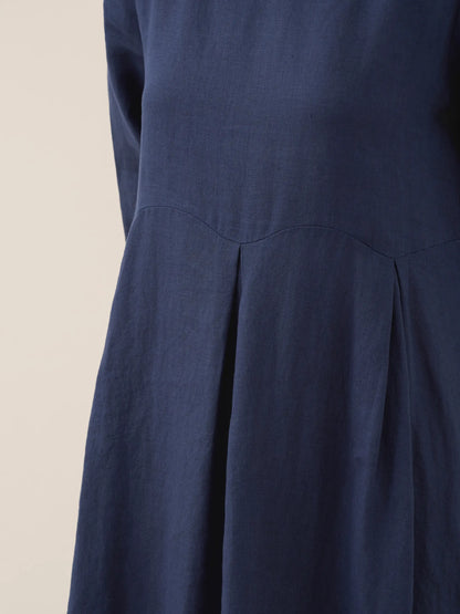 100% Linen Bateau Neck Pleated Midi Dress by LINTICO