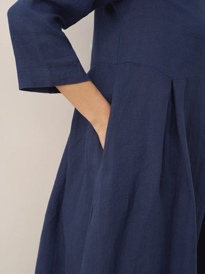 100% Linen Bateau Neck Pleated Midi Dress by LINTICO