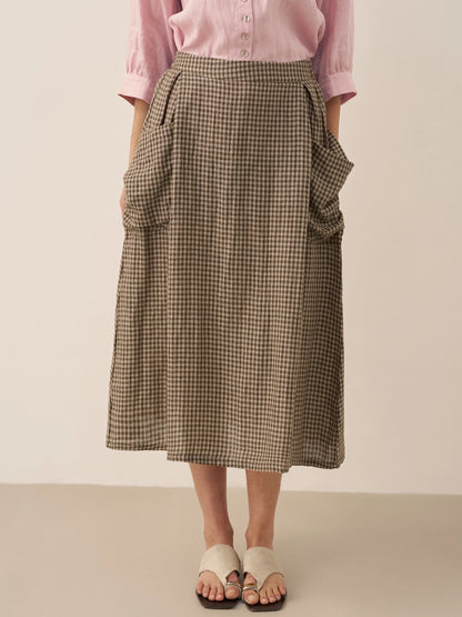 Linen Checked Elastic Waist Skirt ONYX by LINTICO