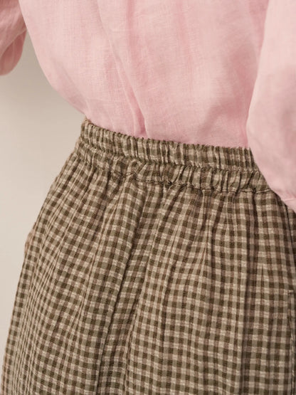 Linen Checked Elastic Waist Skirt ONYX by LINTICO
